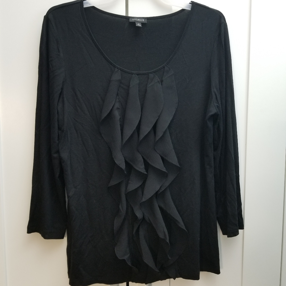 Talbots Black Scoop-Neck Ruffled Top, size Small